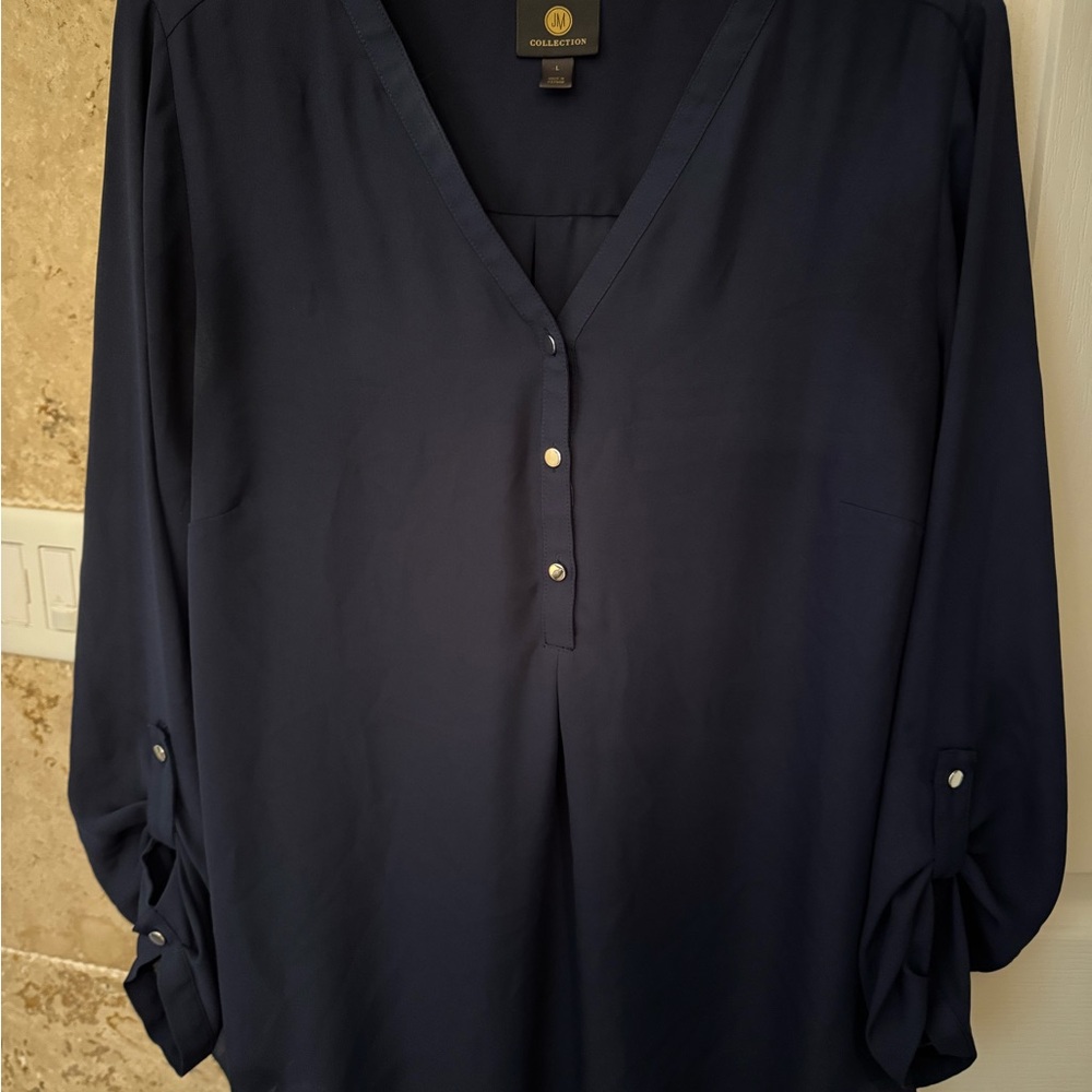 JM Collection Navy 3/4 Sleeve Buttoned Blouse L